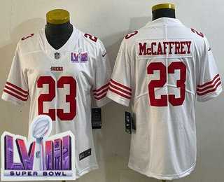 Women's San Francisco 49ers #23 Christian McCaffrey Limited White LVIII Super Bowl Vapor Jersey,We sell and wholesale Women's San Francisco 49ers #23 Christian McCaffrey Limited White LVIII Super Bowl Vapor Jersey on line form chian!